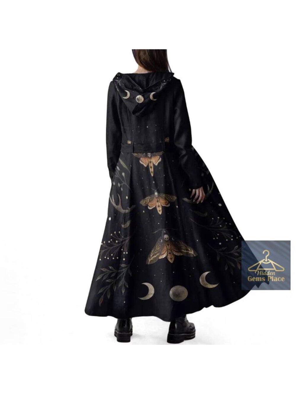 Women Long Fleece Trench Coat Gothic Open Front Belted Peacoat Hood